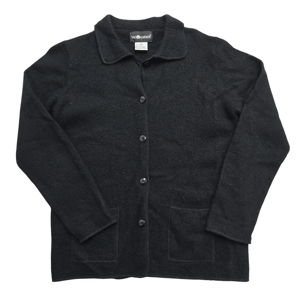 Sag Harbor Womens Black 100% Wool Button Front Collared Cardigan Sweater Small